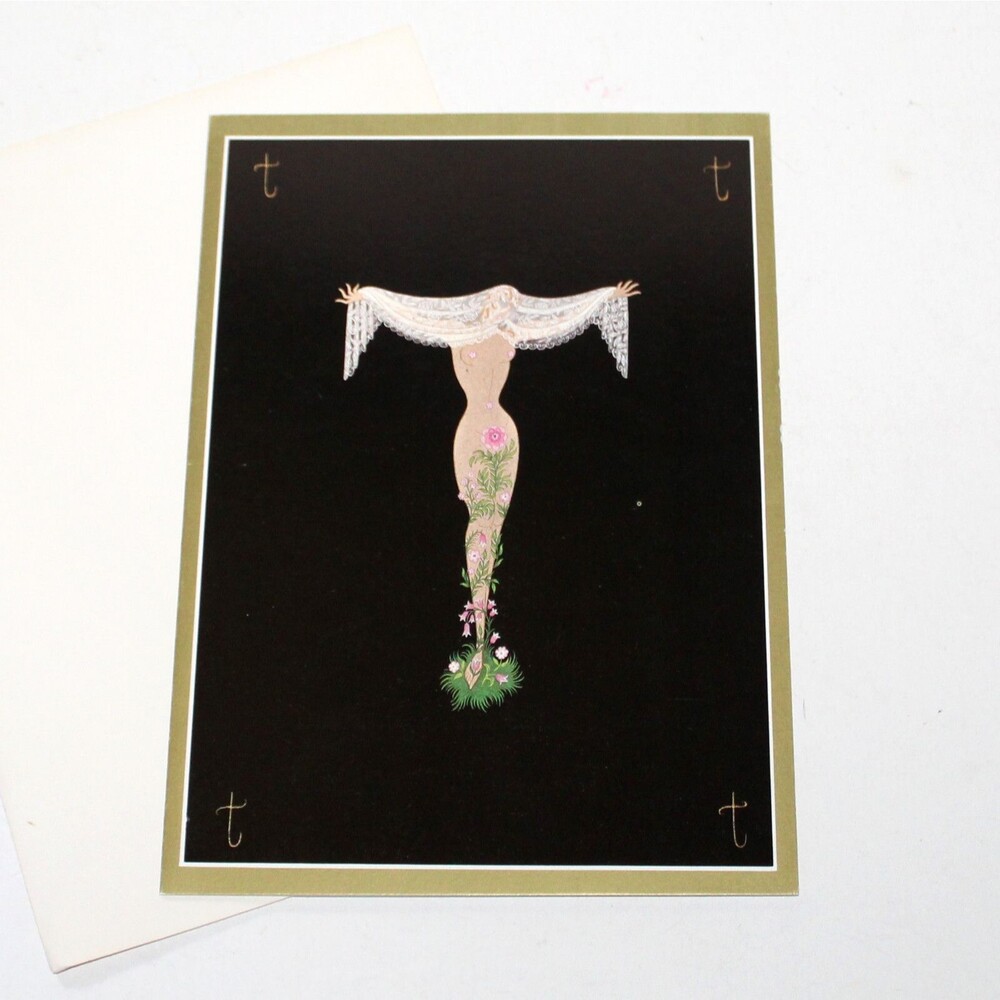 Erte Greeting Card Letter T Vintage blank black gold art vintage